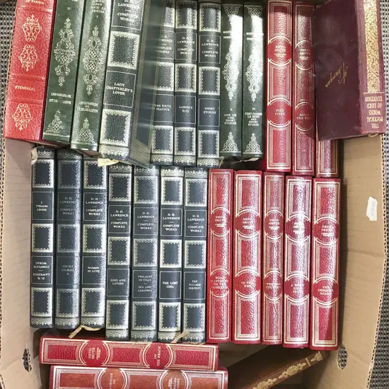 Large Box of Assorted Leather Bound Books Incl. by Nevil Shute and D. H. Lawrence