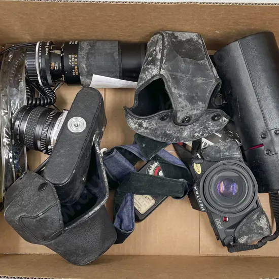 Box of Assorted Cameras and Accessories Incl. Pentax