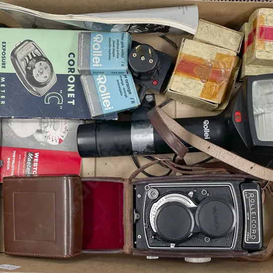 Box of Assorted Cameras and Accessories incl. Rolleicord Camera and Exposure Meter