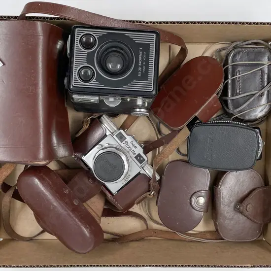 Box of Assorted Vintage Cameras and Accessories Incl. Box Brownie