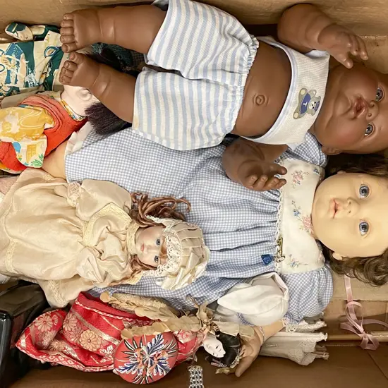 Box of Assorted Vintage Dolls Etc.