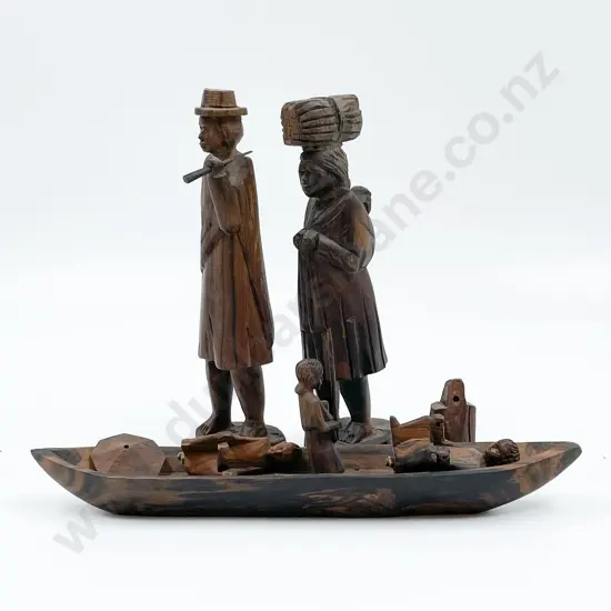 Madagascar Wooden Carvings including Boat Group Figure and Two Others