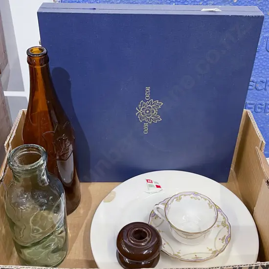 Box of Assorted China and Vintage Glass Bottles Incl. Boxed Spode Commemorative Plate (AF)