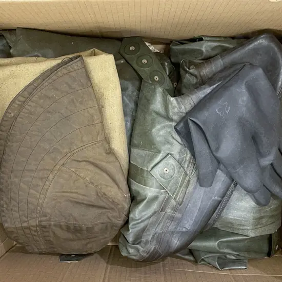 Box of Assorted Protective Fishing Gear Incl. Jacket and Trouser Boots with Gloves and Hat
