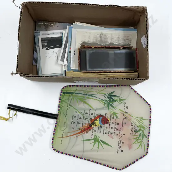 Box of Assorted Incl. Fans and Glass Plate Negatives with Ship Postcards