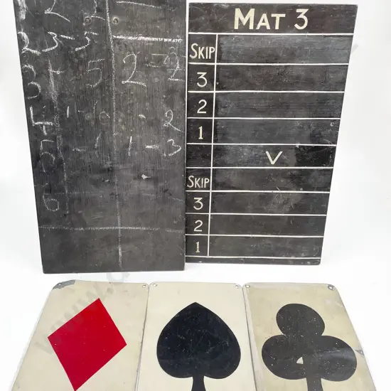 Two Vintage Recording Boards Together With Three Tin Playing Card Suite Signs