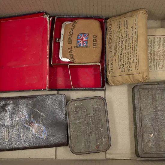 Box of Assorted Incl. Goatskin Wallet with Vintage Tins and Field Dressing Packs