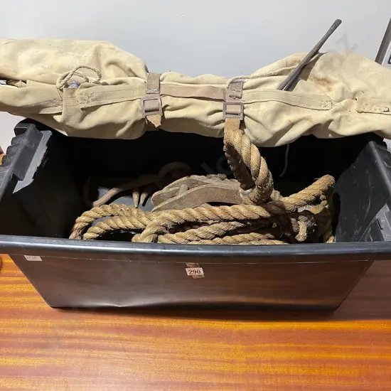 Vintage Cargo Hooks and Rope Together with Camp Stretcher