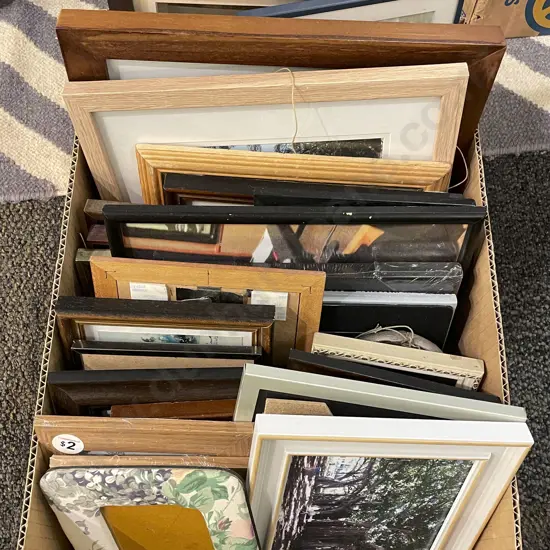 Box of Assorted Prints and Originals with Various Empty Photo Frames