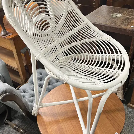 White Painted Cane Chair together with Modern Circular Occ. Table