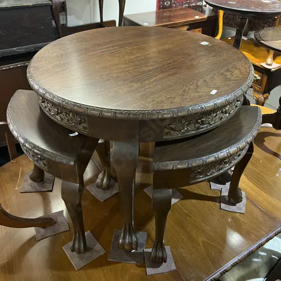 Carved Circular Coffee Table With Four Quarter Matching Stools
