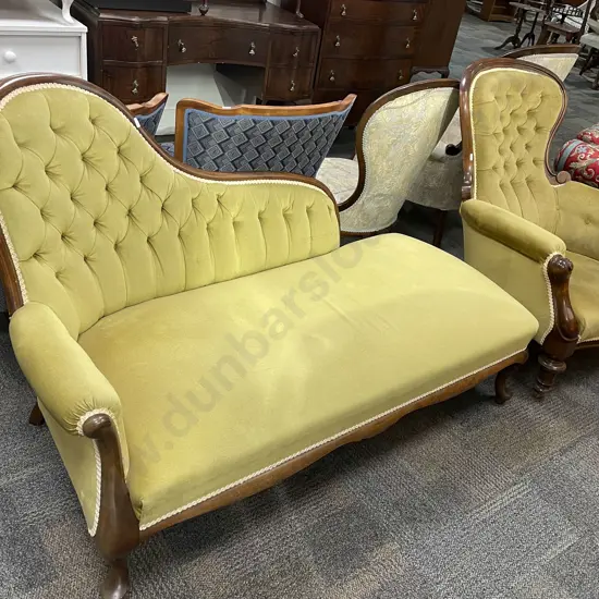 Upholstered Button Back Chaise Together with Matching Grandfather Chair