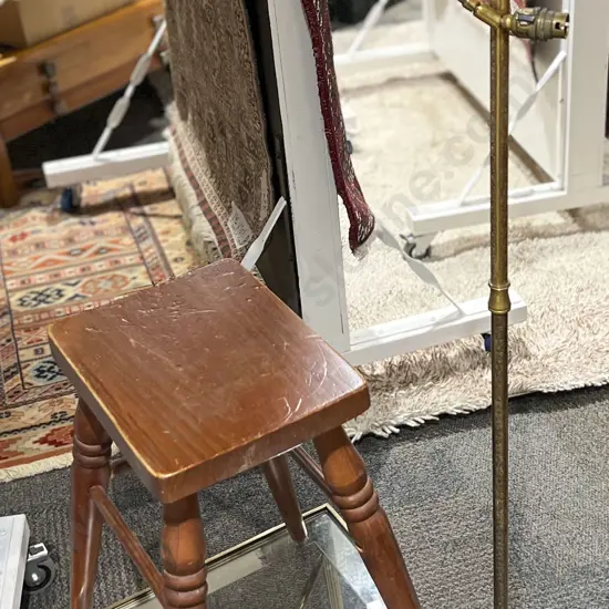 Brass Glass Top Coffee Table With Brass Lamp(Faults) Together With Wooden Stool