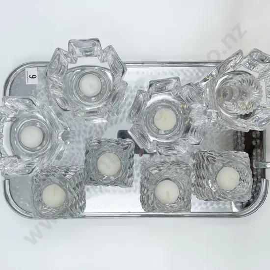 Two Sets of Four Glass Candle Holders Including Orrefors on Double Handled Tray