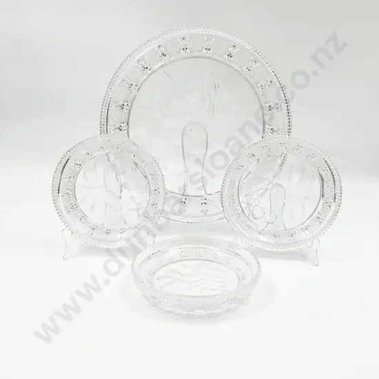 Circular Cut Glass Shallow Bowl and Matching Side Plates Decorated with Fruit