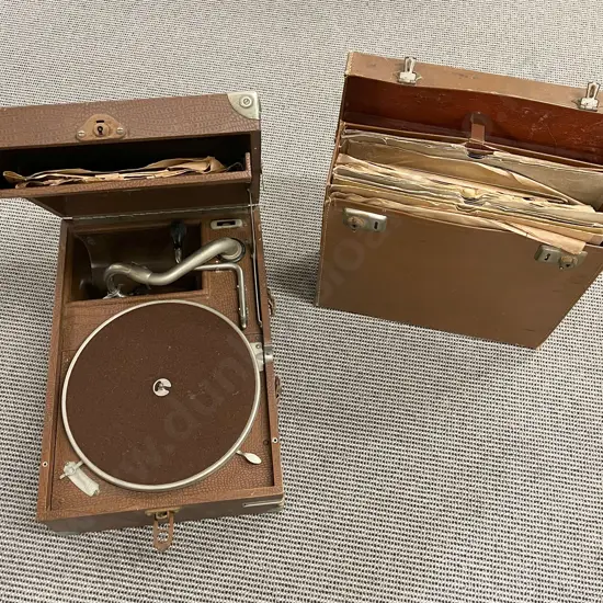 The Gramophone Company Vintage Portable Record Player Together With Carry Case of Assorted Records