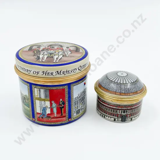 Two Halcyon Days Trinket Boxes "Queen Elizabeth II" and "Royal Albert Hall"