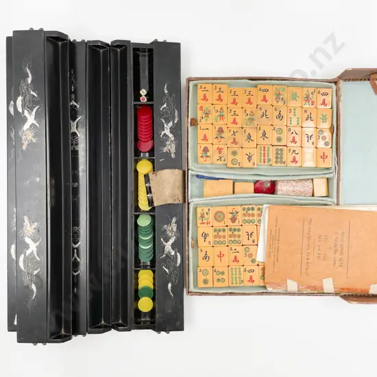 Mahjong Set in Case Together With Four Lacquered Mahjong Tile Rests