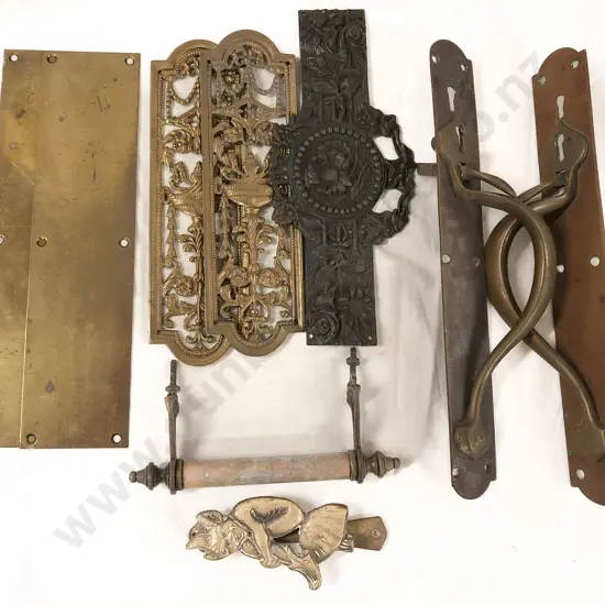 Box of Assorted Vintage Metalware Incl. Door Handles Etc.