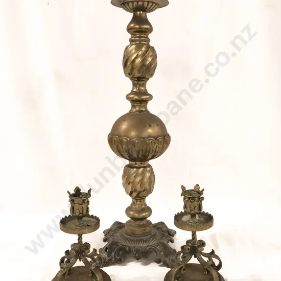 Pair of Brass Candle Holders Together With Brass Lamp