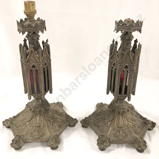 Pair of Religious Form Metalware Lamps (Faults)