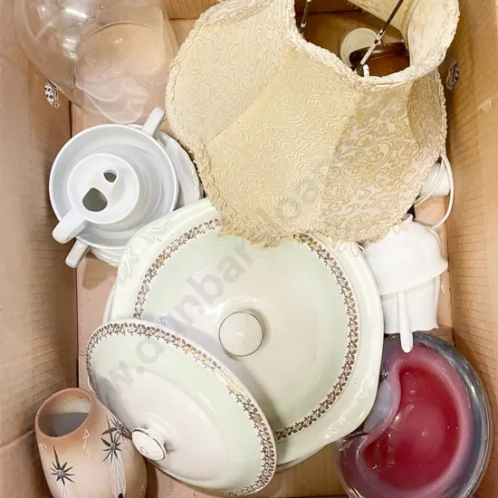 Box of Assorted Incl. Lamp and Ashtray with Assorted Crockery Etc.