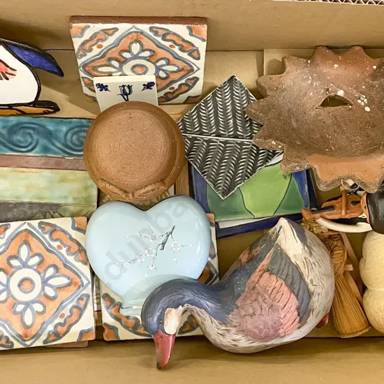 Box of Assorted Decorative Tiles and Ornaments Etc.