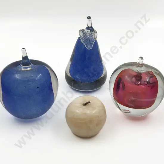 Three Art Glass Fruit Form Paperweights Together With Small Hardstone Apple