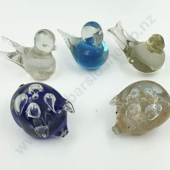 Five Art Glass Animal Ornaments Incl. Pigs and Birds