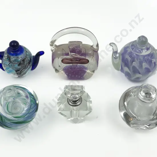 Six Assorted Art Glass Pieces Incl. Teapots and Perfume Bottles Etc. (Missing Two Stoppers)