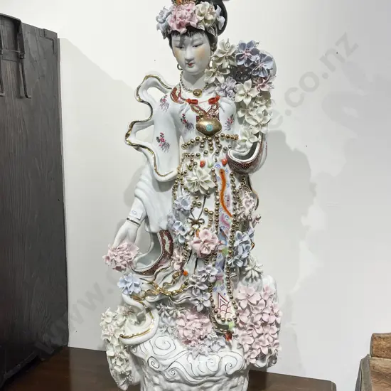 Large Ceramic Asian Figure With Fine China Floral Embellishments