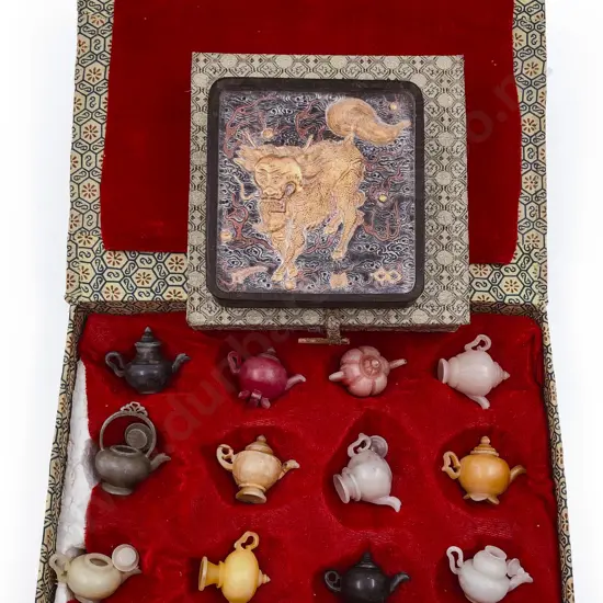 Box of Miniature Hardstone Teapots Together With Chinese Tablet