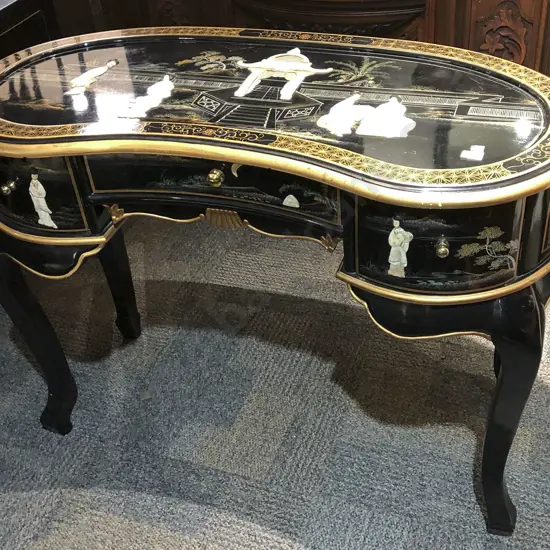 Black Lacquered Japanese Dressing Table With MOP and Figural Relief Moulding