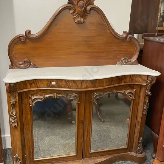 Serpentine Front Marble Topped Chiffonier with Mirrored Doors to Base