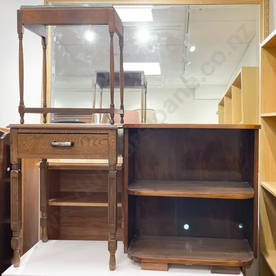 Low Curved Bookcase Together With Oak Bedside Drawer and Occ. Table