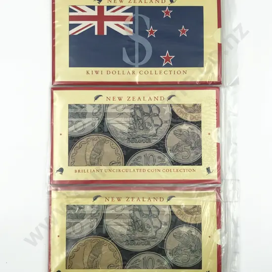 NZ 1990 Kiwi Dollar Bank Note Coin Sets x3