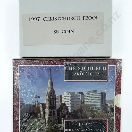 NZ 1997 Christchurch City Silver Proof Five Dollar and Unc