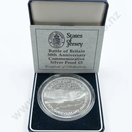 Bailiwick of Jersey 1990 Royal Mint Battle Britain 50th Anniversary Silver Proof £5 5oz Coin