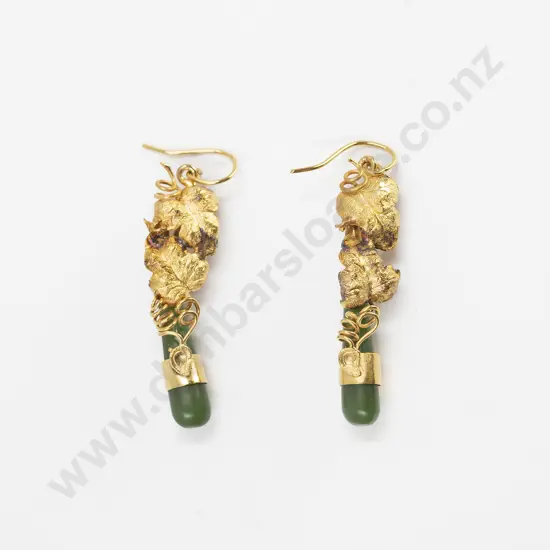 Victorian Gold Greenstone Pendant Drop Earrings