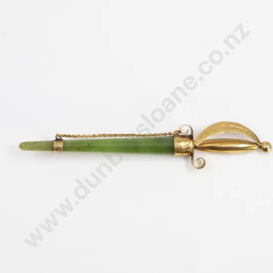 NZ Colonial 9ct Mounted Greenstone Sword Brooch
