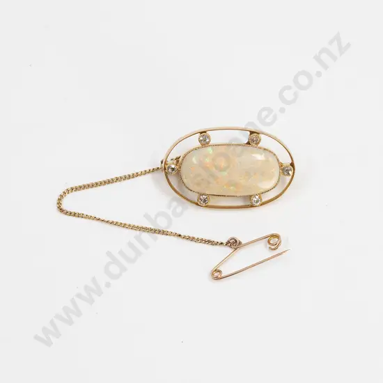 NZ Colonial 15ct Milk Opal and Six Stone Diamond Brooch