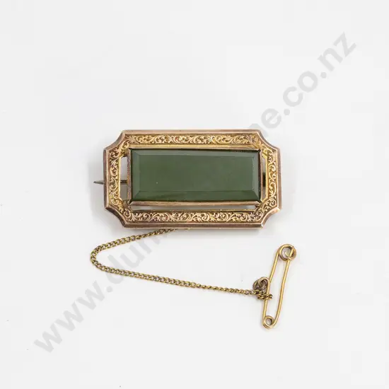 9ct Framed Rectangle Greenstone Panel Brooch