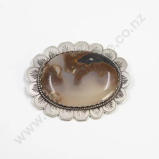 NZ Colonial Silver Large Single Brown Moss Agate Brooch
