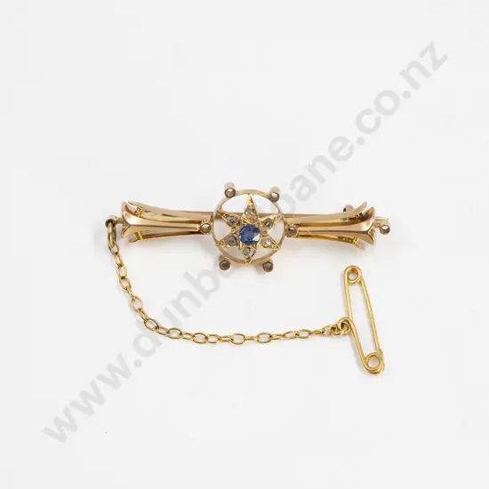 NZ Colonial 9ct Seven Sapphire and Diamond Chip Bar Brooch