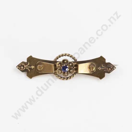 Victorian 15ct Single Sapphire Floral Cluster Bar Brooch