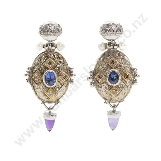 Pair 9ct White and Yellow Gold Etruscan Design Gem Set Pendant Earrings