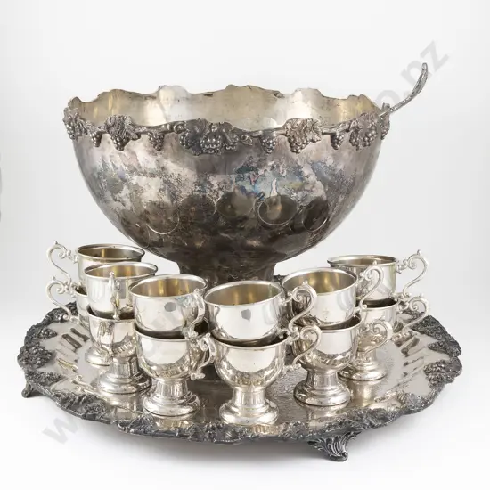 Large S/P Punch Bowl With 12 Cups Ladle & Matching Circular Drinks Tray