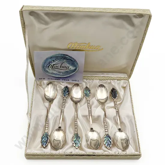 Boxed Set Of 6 NZ Ataahua S/S & Paua Shell Coffee Spoons