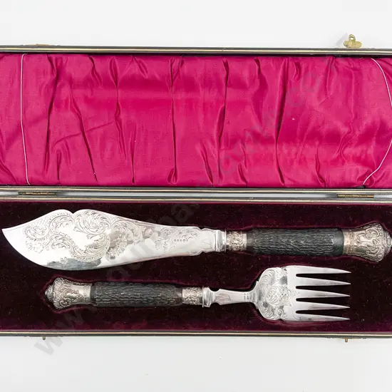 Cased Set Of Edw Antler Handled Fish Servers