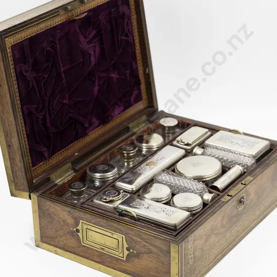 A Fine Quality Early Vict Rosewood & Brass Inlaid Travelling Dressing Table Set